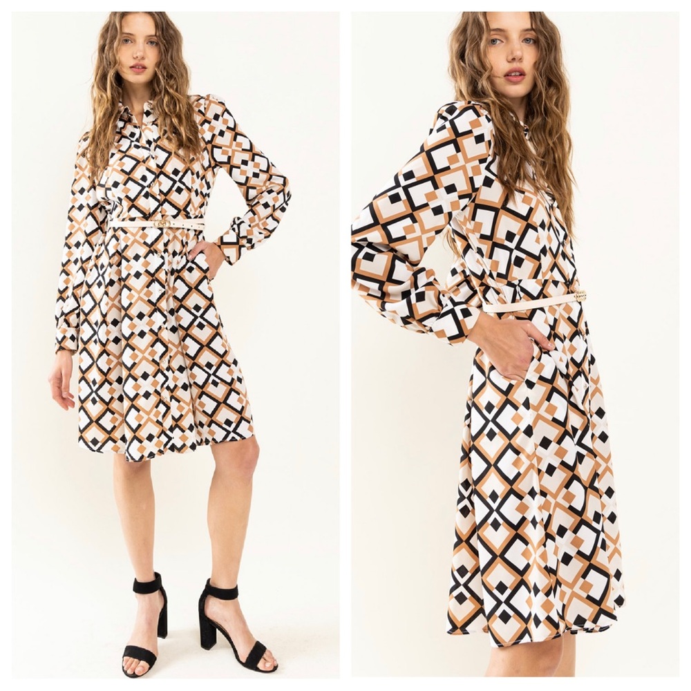 Geometric Print Woven Basic Collared Midi Dress - Picture 1 of 4
